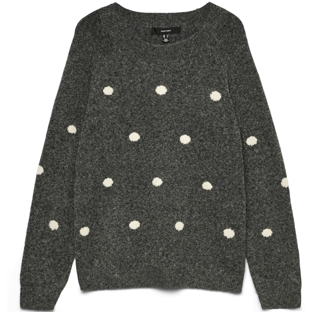 VERO MODA DAME STRIKTRØJE VMDOFFY - Dark Grey Melange White Dots